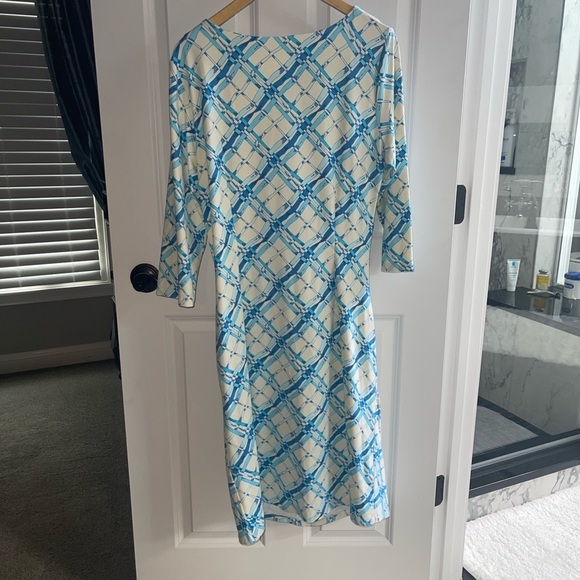 J. McLaughlin Sage Sheath Dress Ruched Blue Lattice Rare Colorway $228 Sz XL - Picture 7 of 8